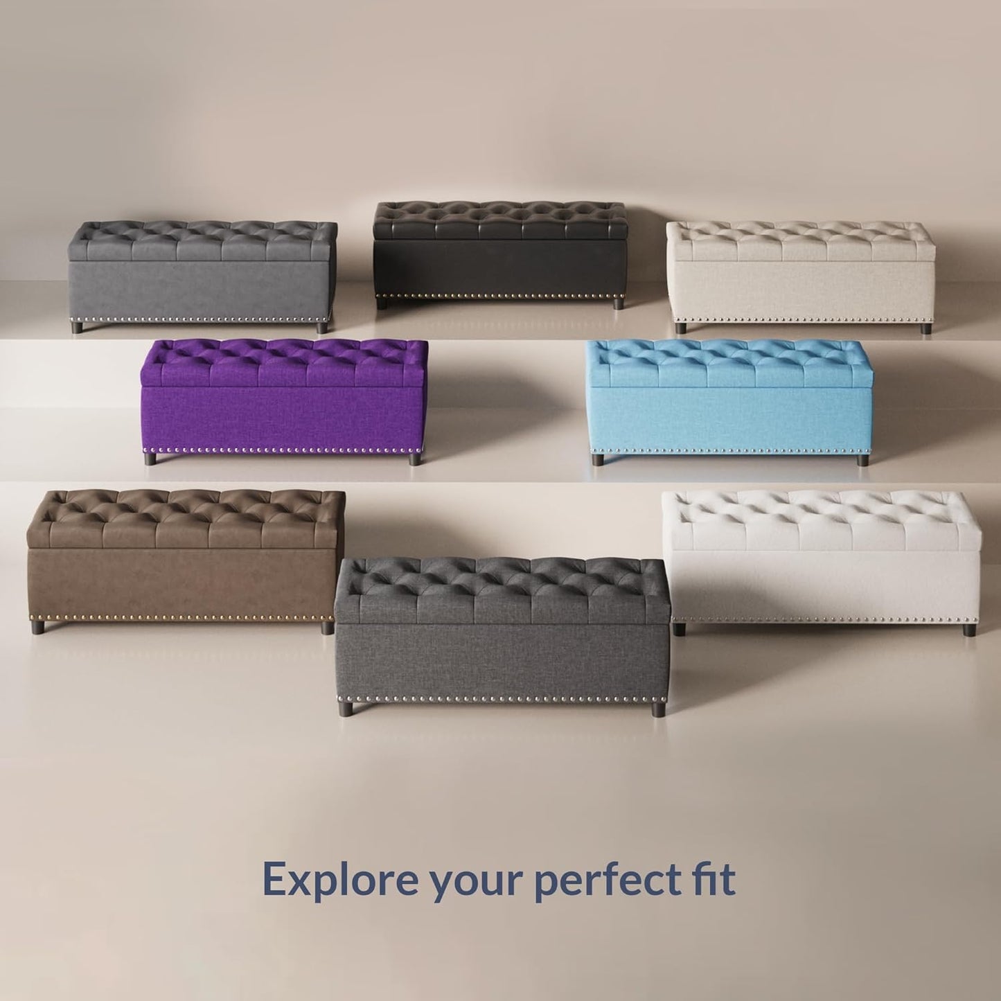 BELLEZE 47" Storage Ottoman, Storage Bench with Safety Close Hinge, Faux Leather Button-Tufted Ottoman for Living Room, Entryway, Hallway, Foot Rest, Support 300lbs - Rustic Gray