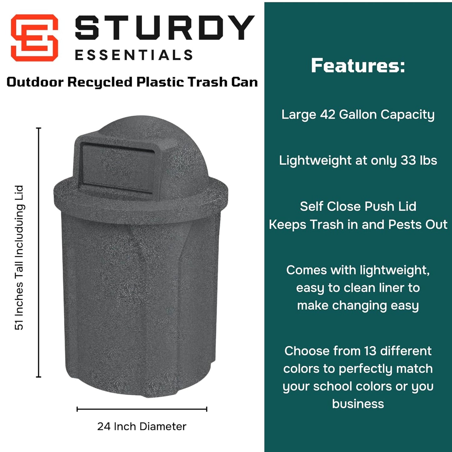 42 Gallon Round 100% Recycled Plastic Heavy-Duty Commercial Outdoor or Outdoor Trash Can with Push Lid and Internal Liner | Great for Schools and Businesses - Dark Granite