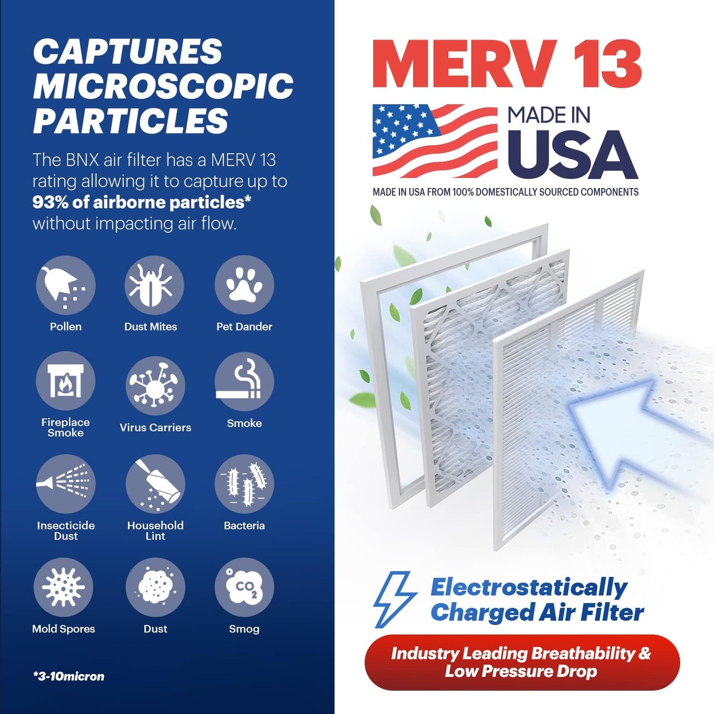 BNX TruFilter 20x30x1 Air Filter MERV 13 (6-Pack) - MADE IN USA - Electrostatic Pleated Air Conditioner HVAC AC Furnace Filters for Allergies, Pollen, Mold, Bacteria, Smoke, Allergen, MPR 1900 FPR 10