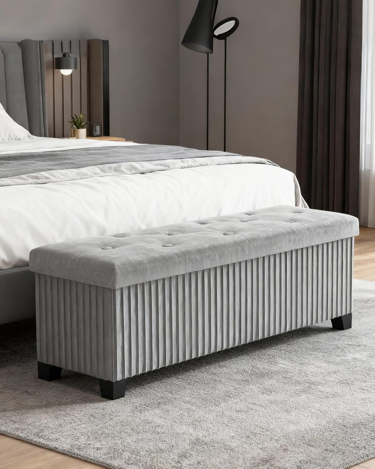 Storage Ottoman Bench, 43 Inch Foldable Ottoman with Legs, Velvet Foot Rest Stool, End of Bed Bench, Storage Chest for Living Room, Bedroom (Grey)