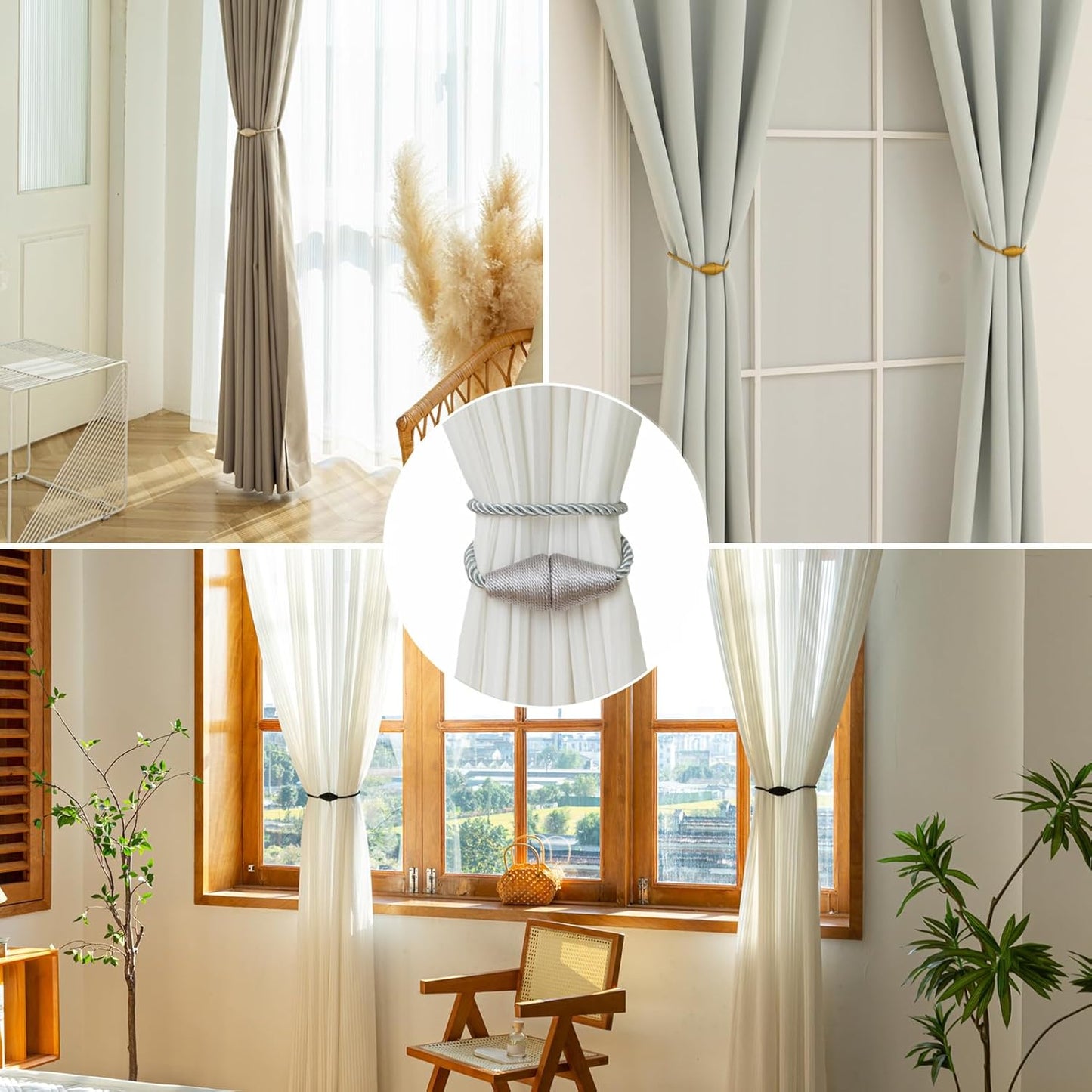 Magnetic Curtain Tiebacks 8 Pack Outdoor Rope Curtain Tie Backs Decorative Window Treatment Holdbacks for Home Decorative Curtain, Grey