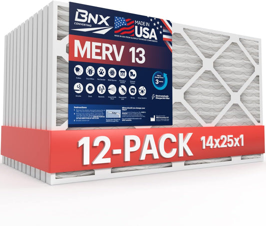 BNX 14x25x1 MERV 13 Air Filter 12 Pack - MADE IN USA - Electrostatic Pleated Air Conditioner HVAC AC Furnace Filters - Removes Pollen, Mold, Bacteria