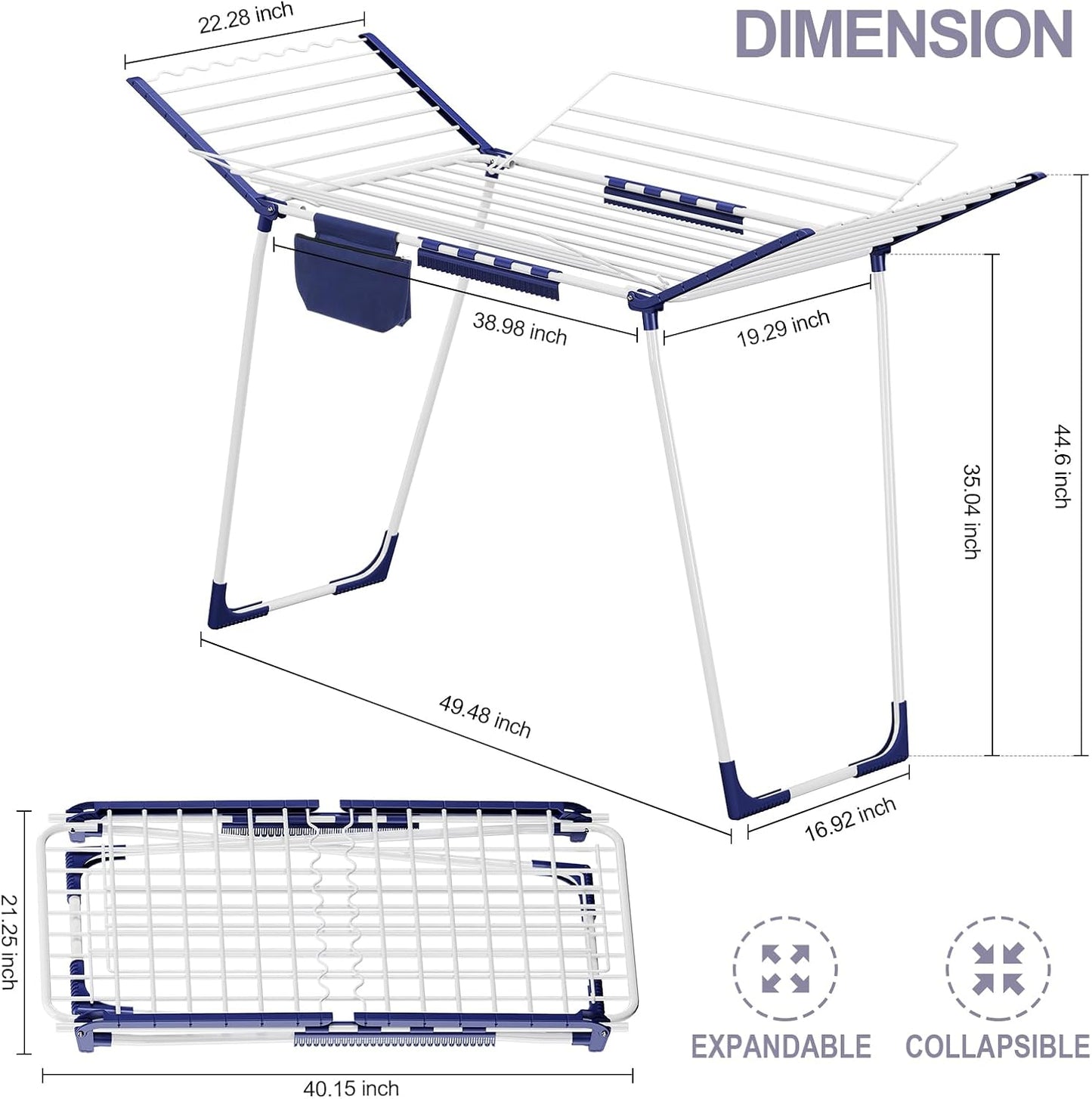 APEXCHASER Clothes Drying Rack Foldable, Drying Rack Clothing Large Space, Winged Laundry Rack with Sock Clips for Hanging Towels Clothes Dress Bedding Indoor Outdoor, White