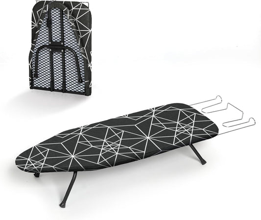 Mini Ironing Board Tabletop Foldable, RAINHOL Space-Saving Iron Board, Compact and Portable for Travel and College, with Hook and Iron Holder, Steel Mesh, 31" x 12", Black and White Stripes