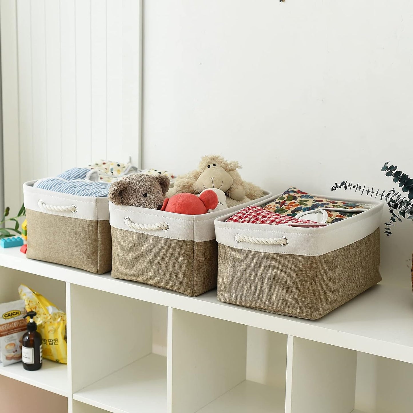 TheWarmHome Storage Basket for Organizing - 16x12x8 inch Large 3 Pack Collapsible Storage Bin for Shelves with Handles, Fabric Storage Cubes for Organizer Cloth Gift Toy Closet (Whiet & Khaki)