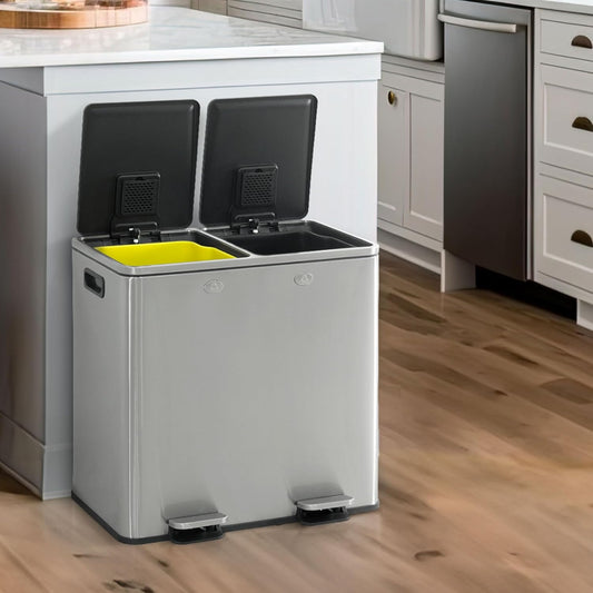 CAPHAUS Dual Trash Can with Double Lid, Trash and Recycle Bins Combo, Hands-free Stainless-Steel Garbage Can for Kitchen, with 2 Compartment, Hinged Lid, Odor Filters, Handles, 25L+25L, 2 x 6.6 Gallon