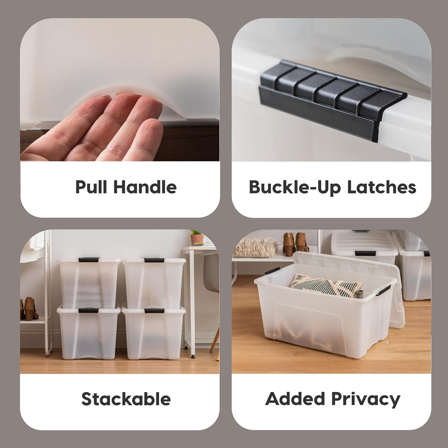 IRIS USA 54 Qt Stackable Plastic Storage Bins with Lids, 4 Pack - BPA-Free, Made in USA - Discreet Organizing Solution, Latches, Durable Nestable Containers, Secure Pull Handle - Pearl