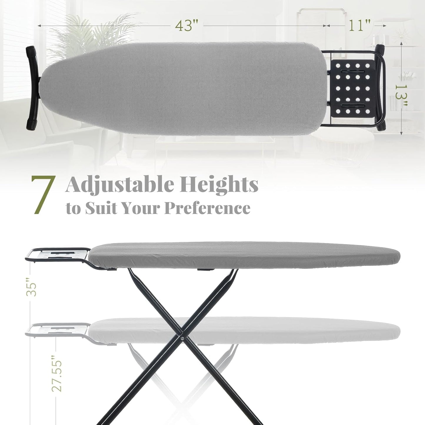 Ironing Board Full Size, RAINHOL 43"x13" Heavy Duty Compact Ironing Board with Iron Rest, Height Adjustable Sturdy Iron Stand, Grey Cover with Extra Thick Padding