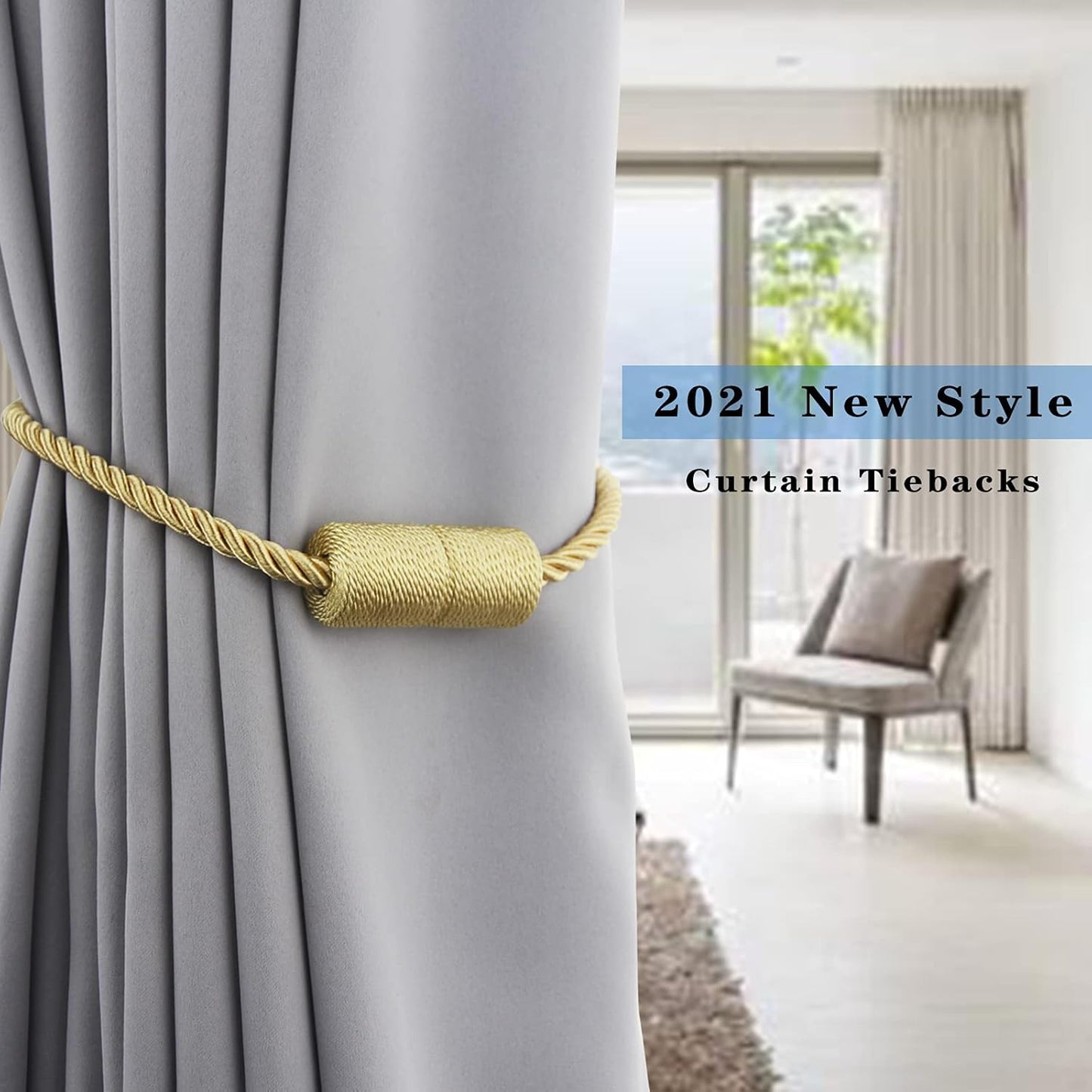 2 Pack Strong Magnetic Curtain Tiebacks Outdoor Elegant Decorative Tie Backs Modern Rope Tiebacks for Drapes Window Curtain Holdbacks for Draperies- Gold