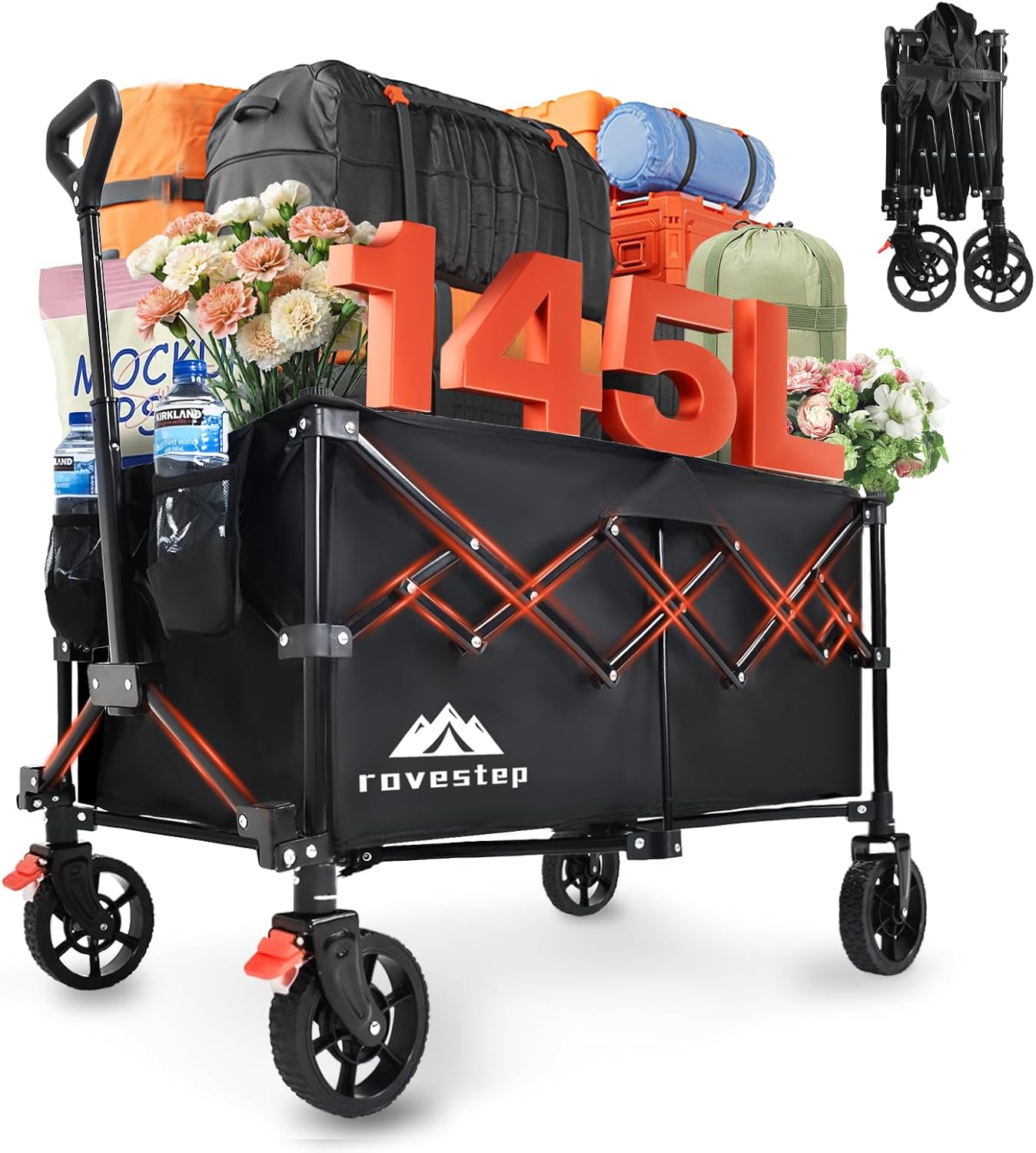 Collapsible Wagon Cart Heavy Duty Utility Carts with All Terrain Wheels for Garden, Grocery, Camping, Sports, Shopping, and Outdoor Use - 360lbs Capacity, Foldable, Portable, 145L Large Wagon