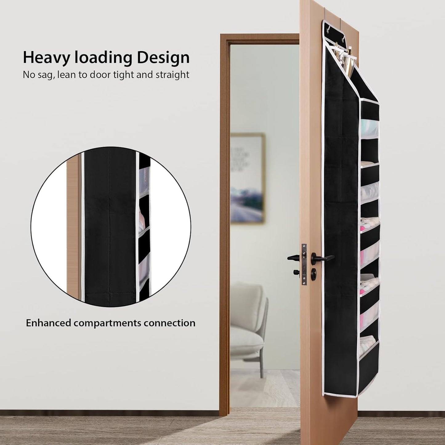 Univivi 6-Shelf Over Door Hanging Organizer Fabric Baby Door Storage with 5 Large Pockets and 3 Small PVC Pockets Wall Mount Hanging Storage Organizers for Baby Essential (Black)