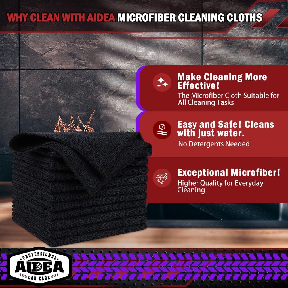 AIDEA Microfiber Cleaning Cloth Black 20PK, Microfiber Towels for Cars, Premium Car Cloth, Dusting Cloth Lint Free Cleaning Rags for SUVs, House, Kitchen, Window, Workshops,12×12"