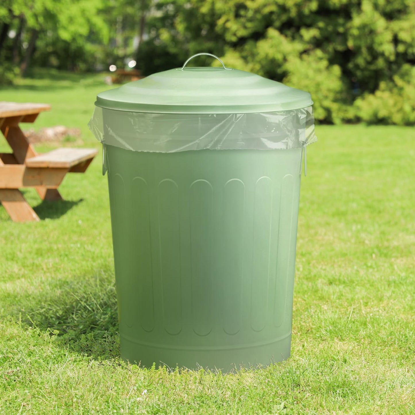 Plexon Round Trash Can 13 Gallon, Vintage Metal Outdoor Trash Can with Lid, Retro Farmhouse Garbage Container, Old School Modern Ash Bucket, Green 6 Pack