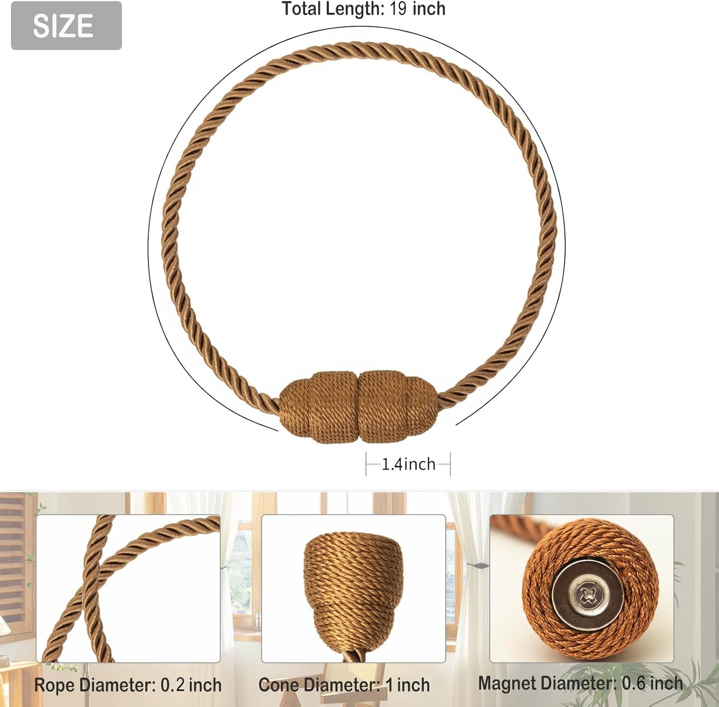 Magnetic Rope Curtain Tiebacks 6 Pack Holders for Drapes and Curtains, Khaki