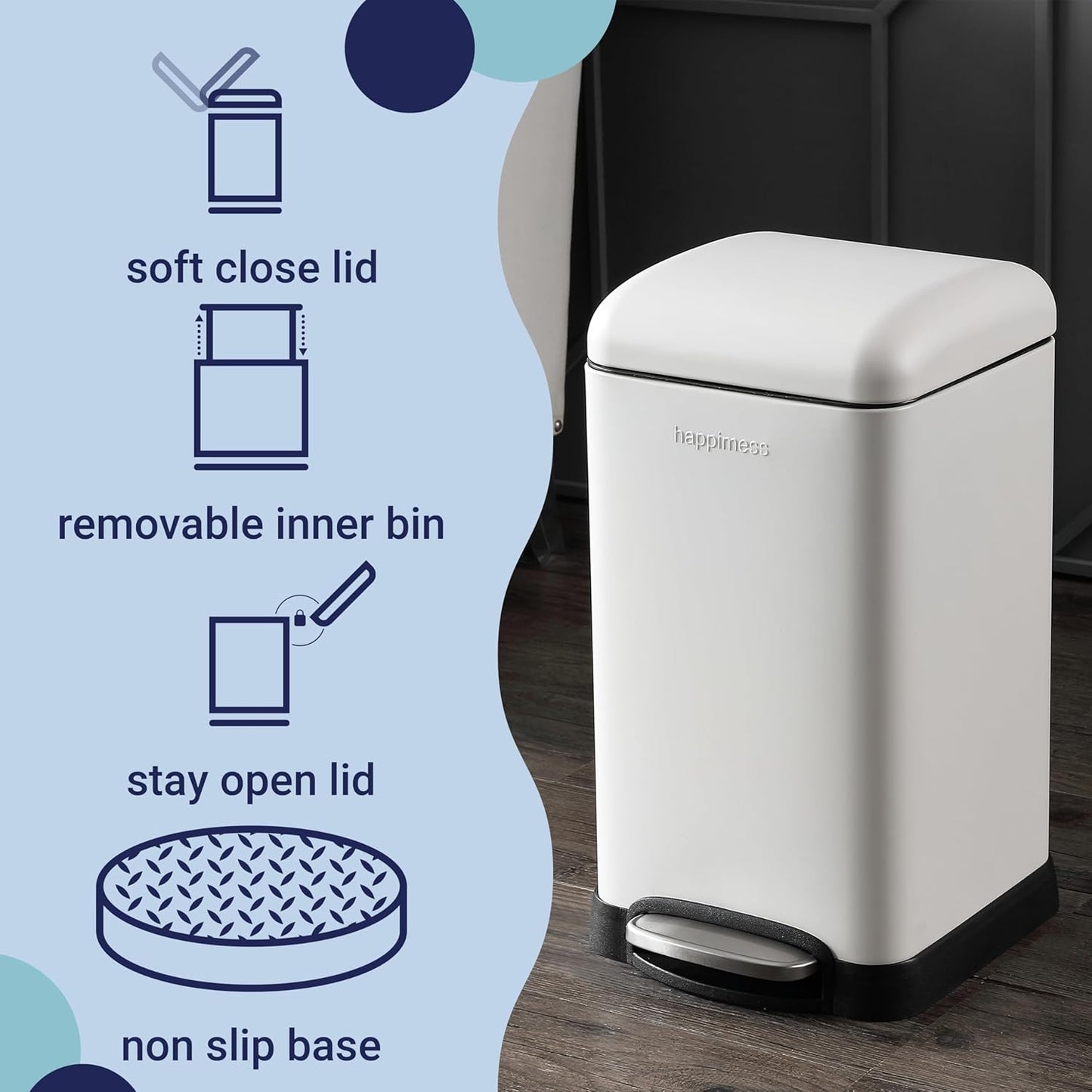 Happimess HPM1012C Betty Retro Mini 3.2-Gallon Step-Open Trash Can, Modern, Minimalistic, Fingerprint-Proof, Rustproof, Soft Close, Bedroom, Bathroom, Kitchen, Laundry Room, Office, 3.2 Gallons, White