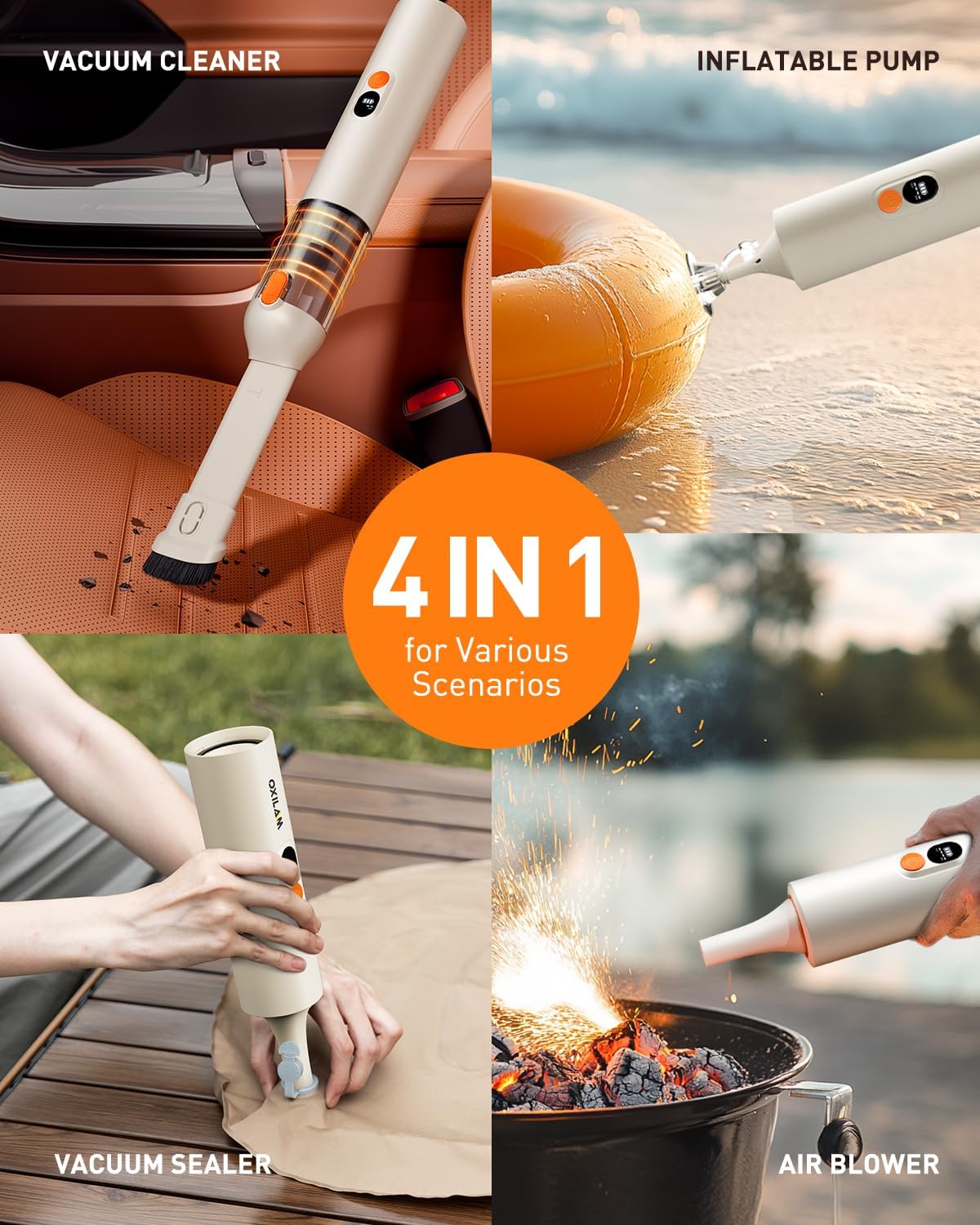 OXILAM 4 in 1 Car Vacuum - Handheld Vacuum 14000PA High Power, Portable Cordless Small Vacuum, Blow & Suction 2 in 1, Up to 30 Mins Runtime, Multi-Nozzles, Vacuum Cleaner for Home, Pet, Car, Office