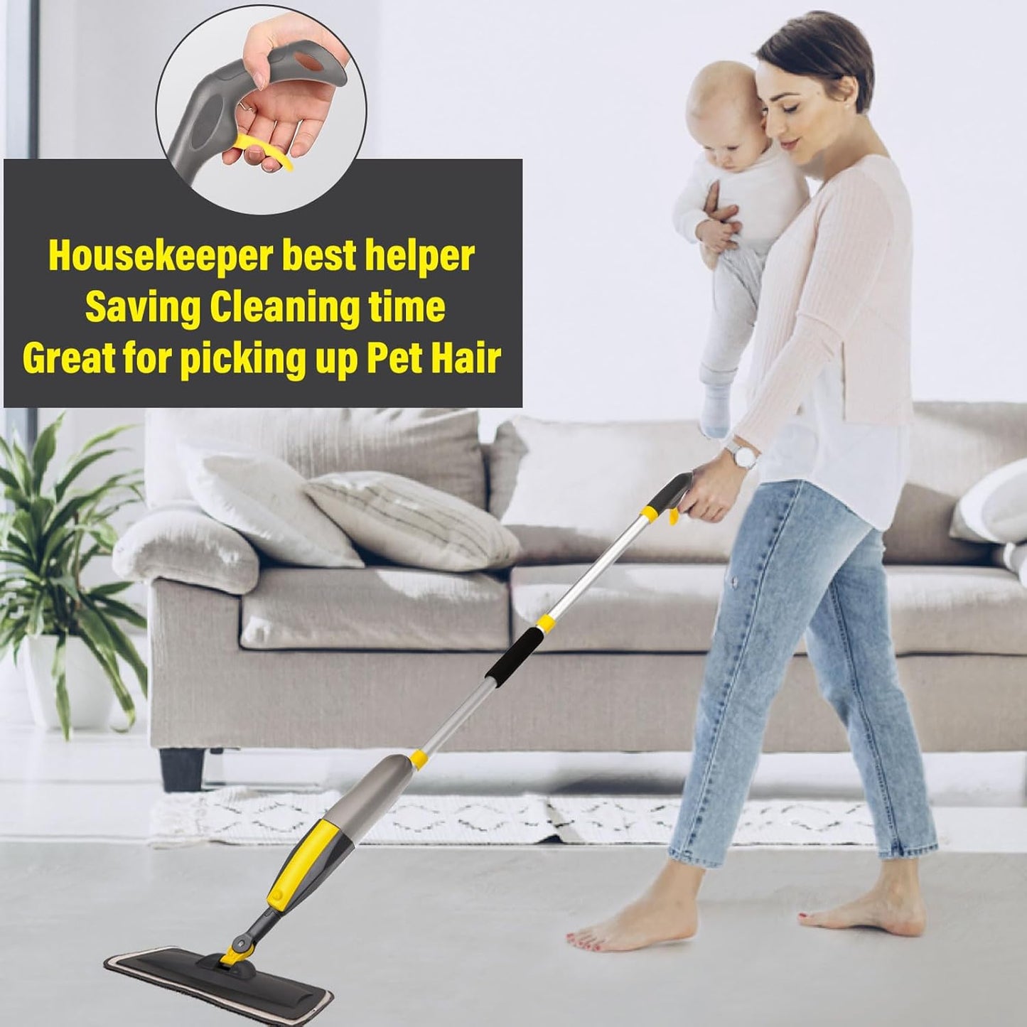 Mops for Floor Cleaning, Spray Mop with 400ml Refillable Bottle and 2 Replacement Pads Dry Wet Floor Household or Commercial Hardwood Laminate Tile Ceramic (Yellow)