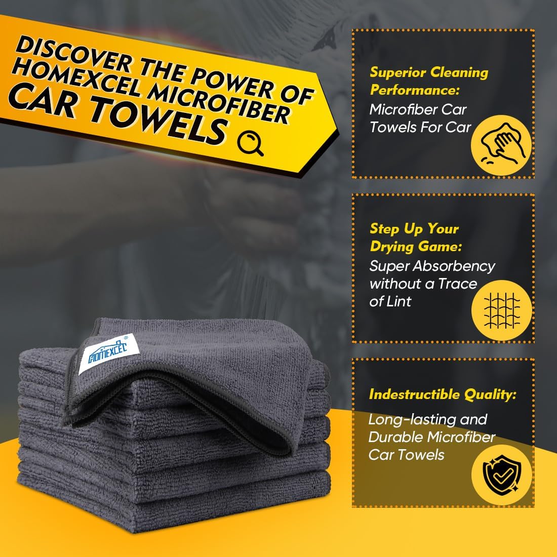 HOMEXCEL Grey Microfiber Cleaning Cloth 6 Pack, 12.5 x 12.5 inch Microfiber Towels for Cars, Ultra Absorbent Car Washing Cloth, Lint Free Streak Free Cleaning Rags for Car, Kitchen, and Window