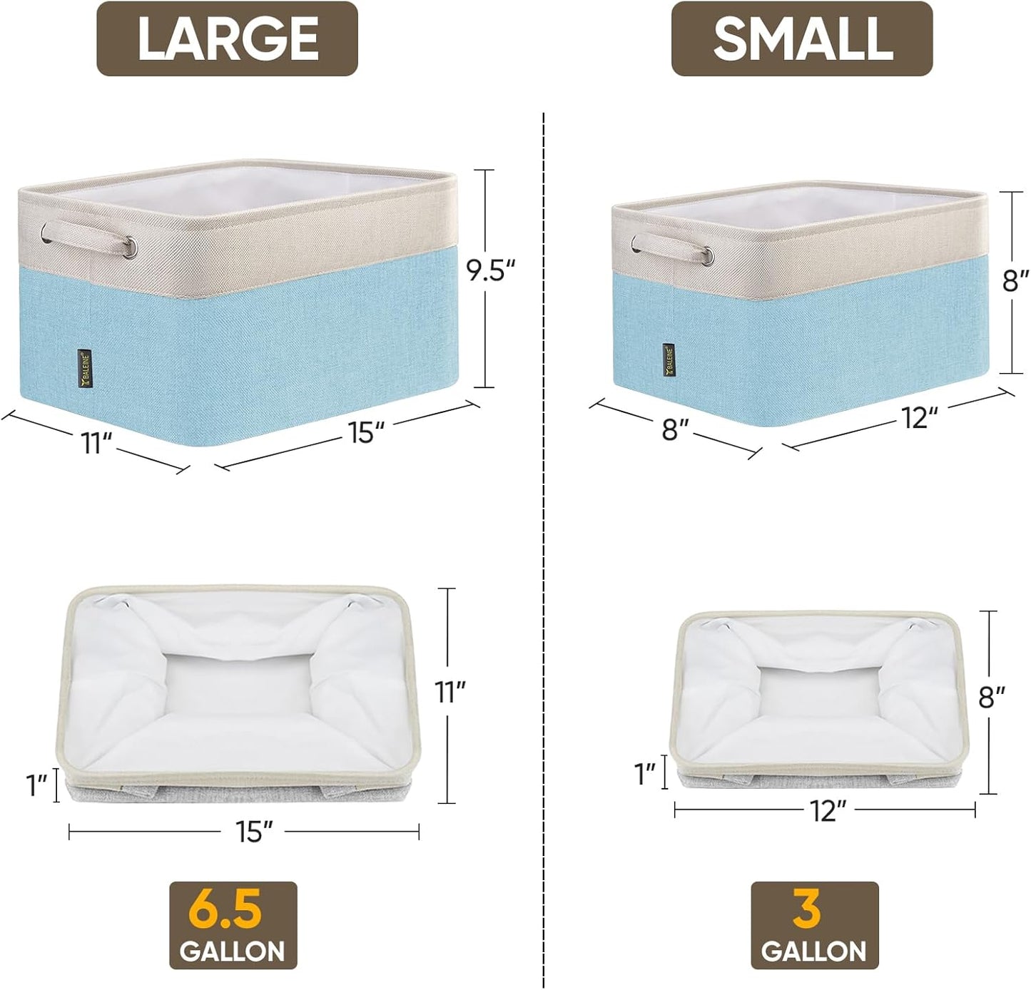 BALEINE 3 Pack Fabric Storage Bins for Shelves, Linen Storage Baskets for Organizing, Decorative Closet Bins for Clothes, Home (Skyblue, 12"x8"x8")