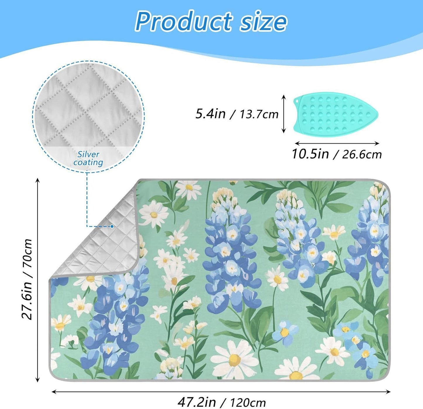 Mint Green Bluebonnet and Daisies Ironing Mat for Table top Portable Ironing Pad Blanket for Washer Dryer Countertop Travel