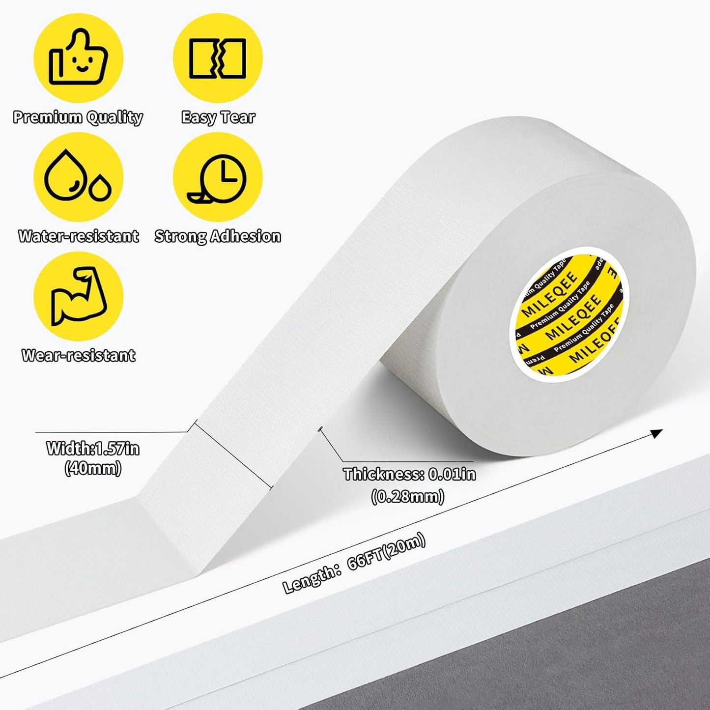 3Pack Duct Tape Heavy Duty Single Sided, Strong Adhesive High Strength, Waterproof Mesh Tape for Indoor Outdoor Repairing Sealing Bonding, Easy Use Hand Tearable, 1.57 Inch x 66 Feet, White