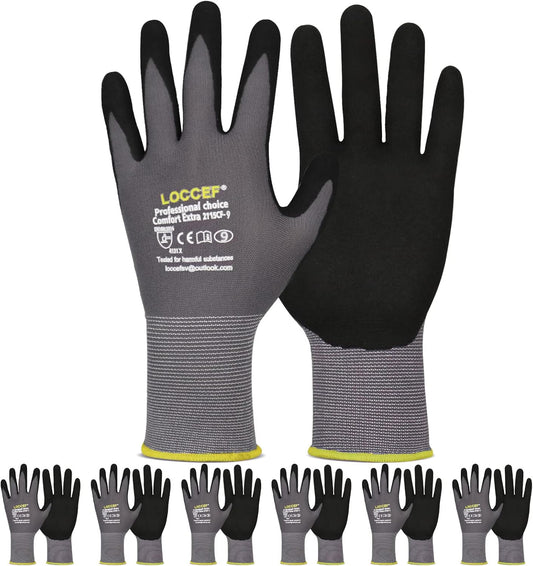 LOCCEF Work Gloves MicroFoam Nitrile Coated-6 Pairs,Seamless Knit Nylon Gloves,Gray Work gloves
