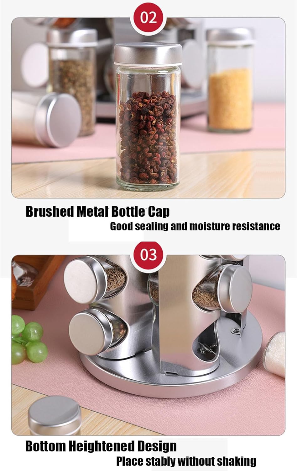 Spice Rack, Spice Rack Organizers for Countertop, Rotating Countertop Spice Rack, Revolving Spice Rack for Kitchen, Kitchen Gadgets, Organizer Rack with Spice Jars (Silver, RoundHead_20Jars)