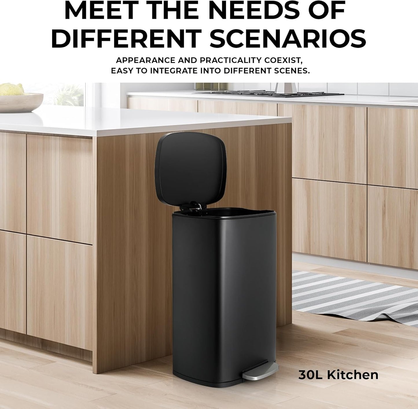 8 Gal Kitchen Trash Can, 30L Recycling or Garbage Bin, Brushed Stainless Steel Waste Basket, Soft&Quiet Close Dustbin, with Step-On Pedal, Removable Inner Bucket, for Home, Office, LIving Room