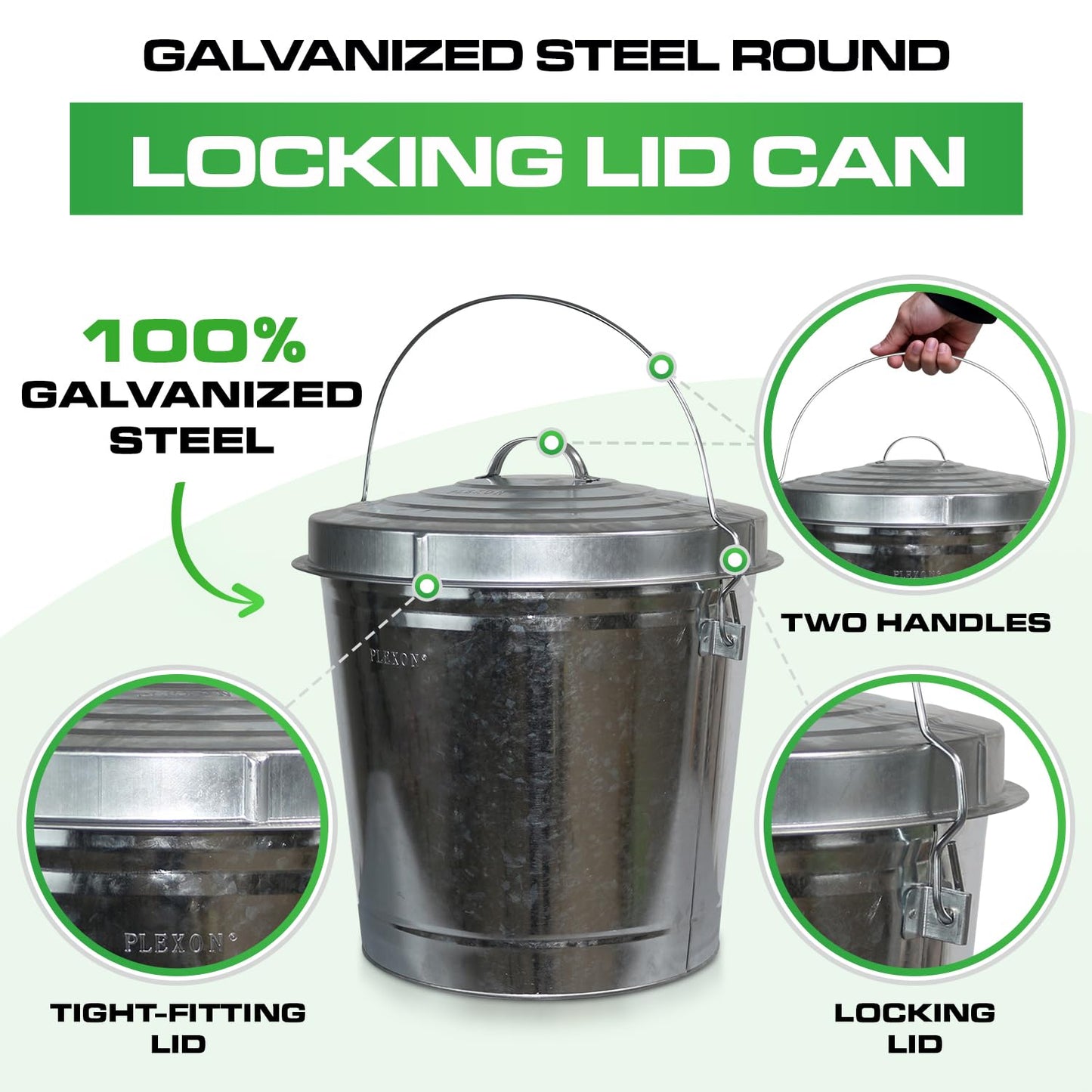 Plexon 10 Gallon Trash Can with Locking Lid Galvanized Metal Bucket for Poultry Feed Bird Seed Storage Ash Outside Garbage Can with Lid, 3 Pack