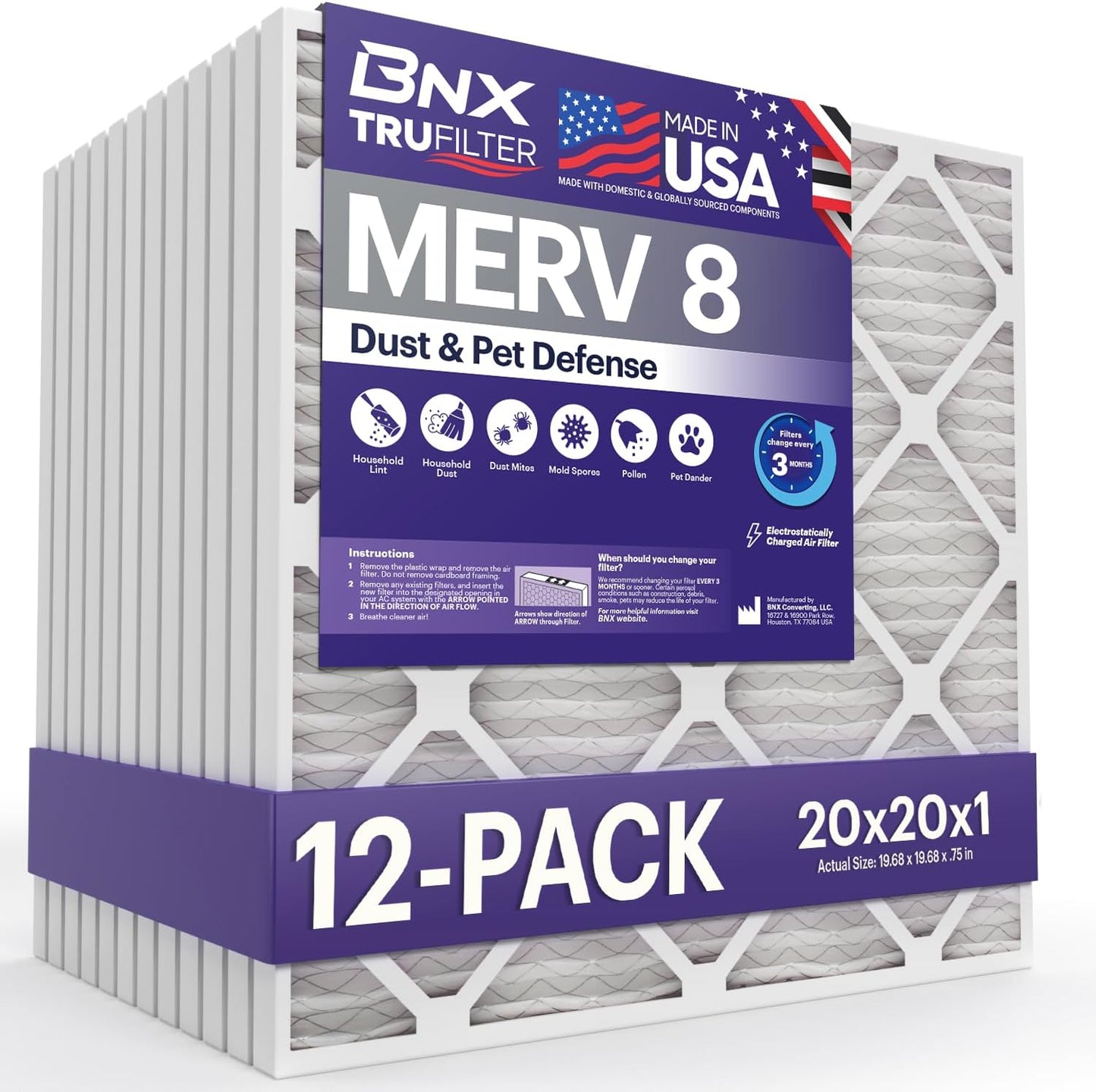 BNX TruFilter 20x20x1 Air Filter MERV 8 (12-Pack) - MADE IN USA – Dust & Pet Defense Electrostatic Pleated Air Conditioner HVAC AC Furnace Filters for Dust, Pet, Mold, Pollen MPR 600 – 700 & FPR 5