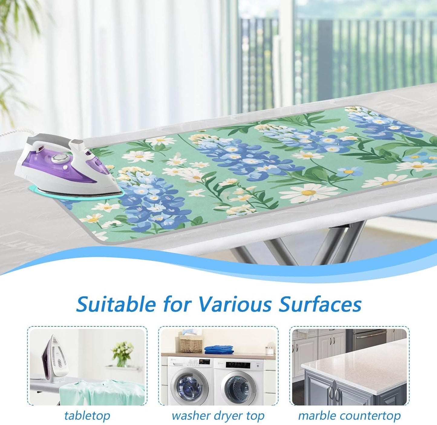 Mint Green Bluebonnet and Daisies Ironing Mat for Table top Portable Ironing Pad Blanket for Washer Dryer Countertop Travel