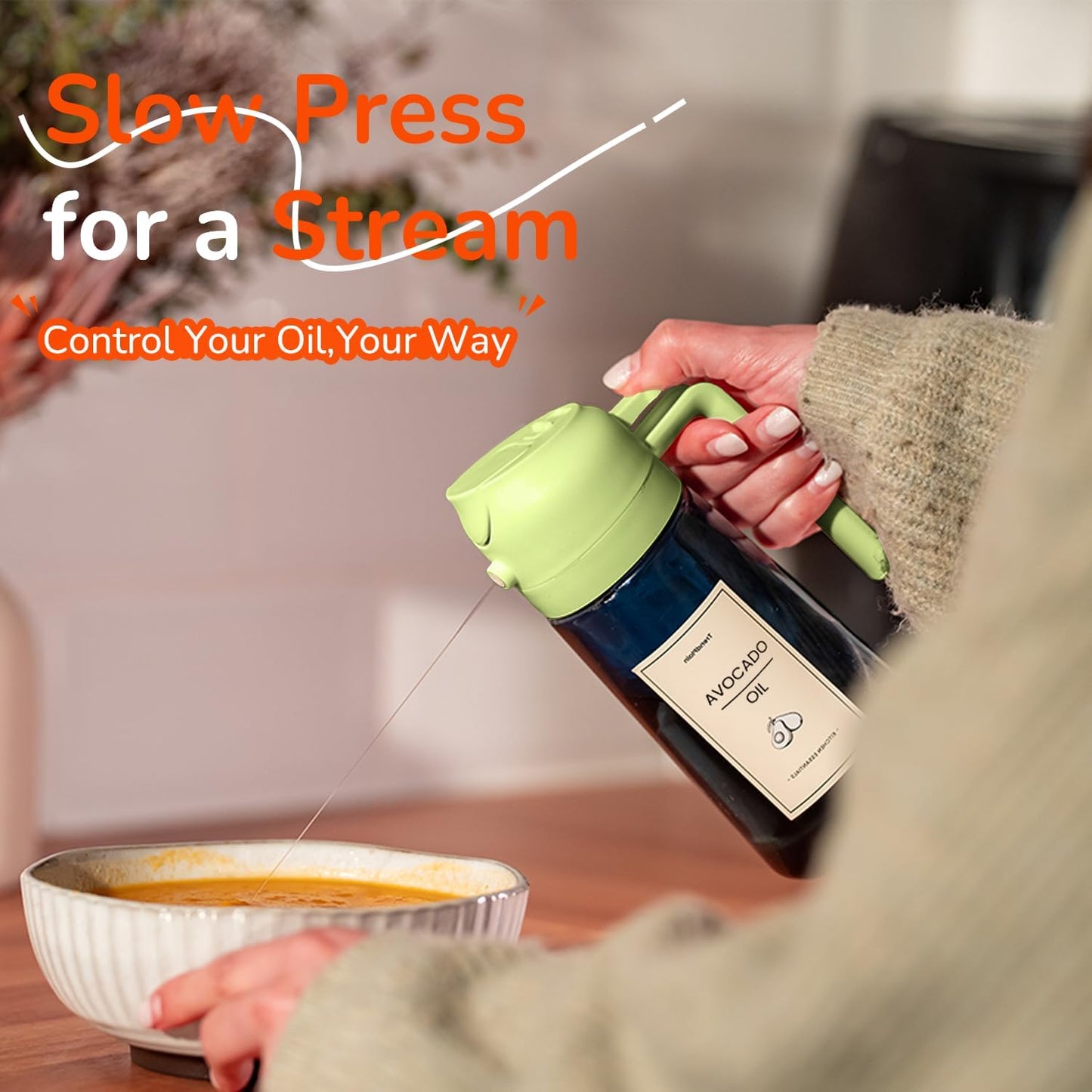 TrendPlain 16oz/470ml Blue Glass Olive Oil Sprayer for Cooking - 2 in 1 Olive Oil Dispenser for Kitchen Gadgets, Air Fryer, Salad, and BBQ - White & Green