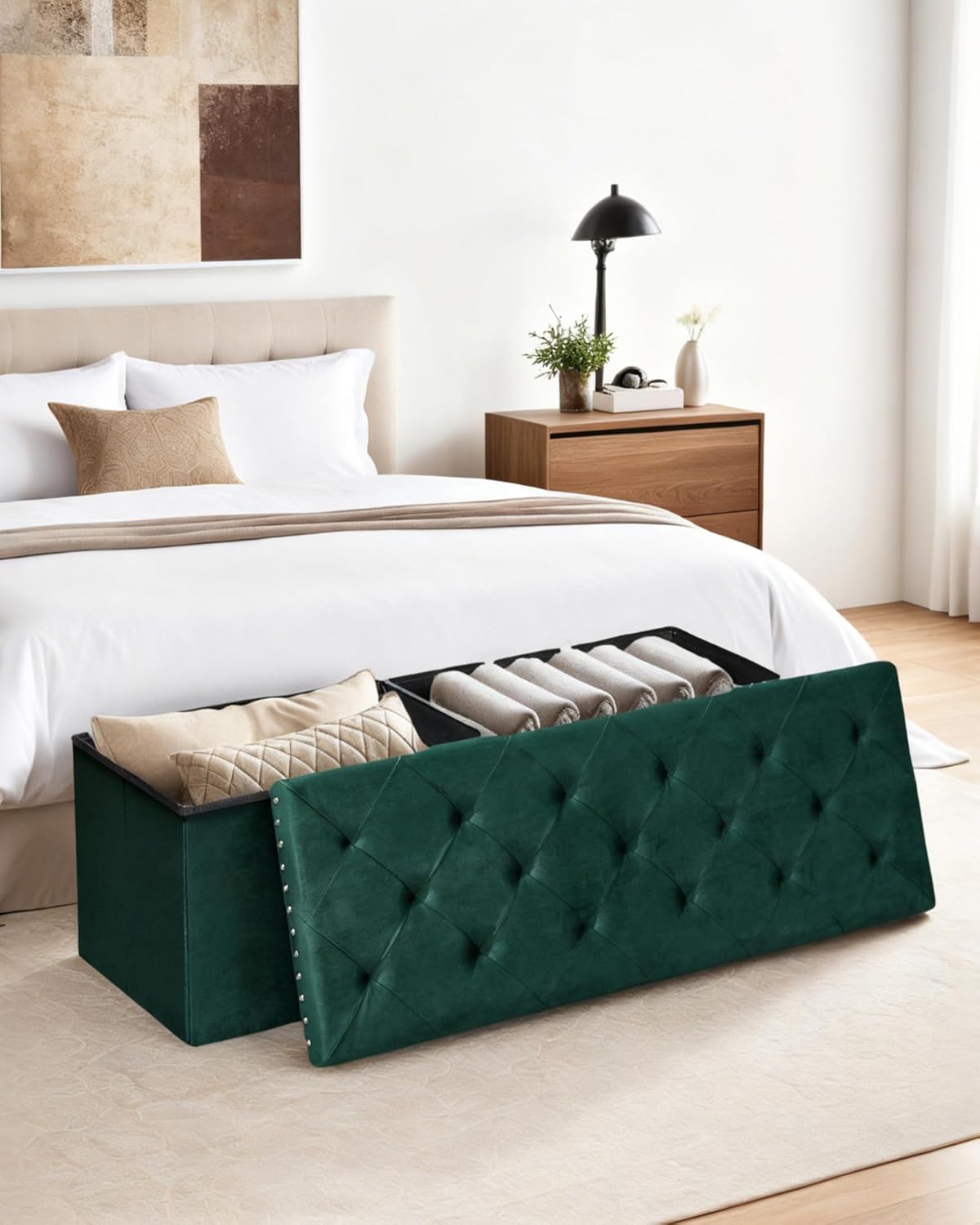 Velvet Storage Ottoman Bench, 43.3" Folding Ottoman with Rivet Trim, Heavy-Duty Upholstered Entryway Bench, Sturdy Footrest and Seat for Bedroom, Living Room, Holds up to 660 LBS, Green