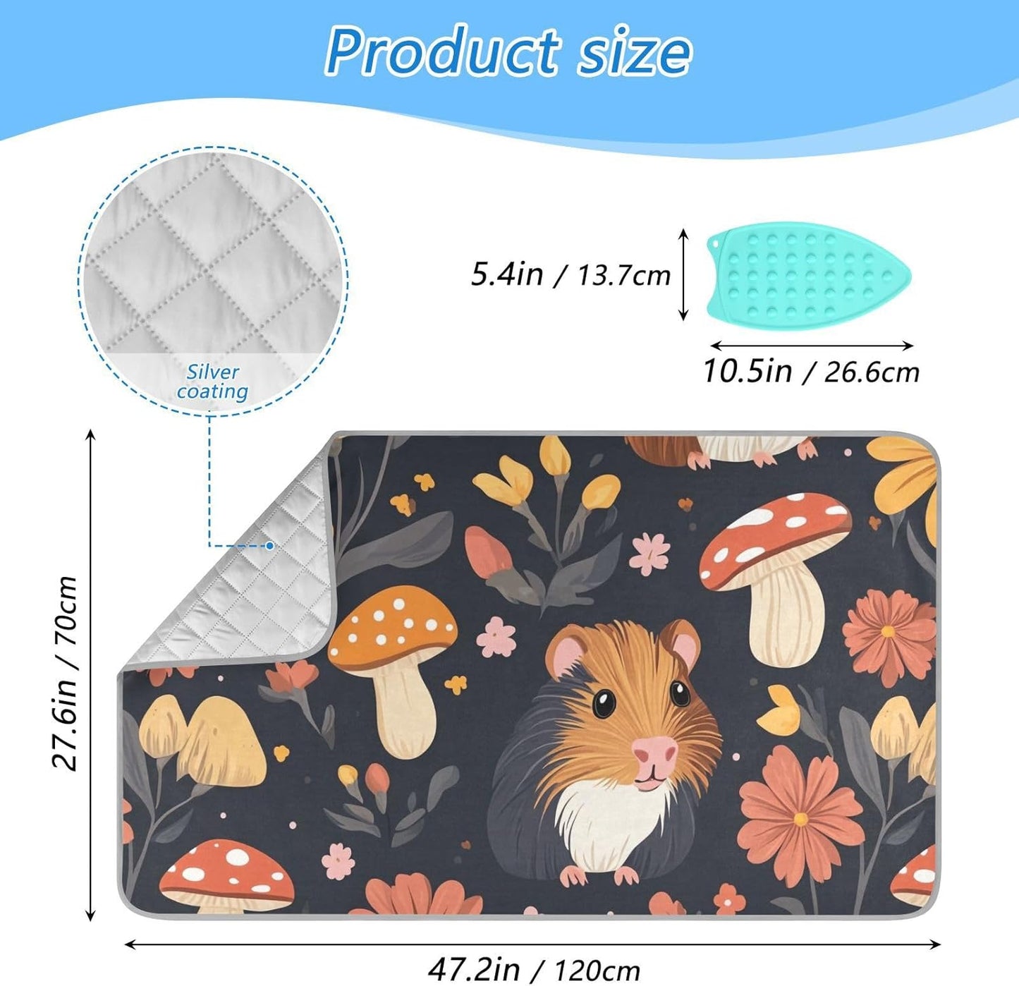 Ironing Mat Portable Ironing Pad Ironing Blanket for Table Top Heat Resistance Double-Side Using Travel Large 47.2 x 27.6 Inch Foldable Lightweight Guinea Pig Mushroom Floral Black