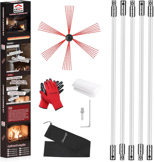 16 Feet Chimney Sweep Kit, Chimney Cleaning Kit with 5 Flexible Chimney Rods, Rotary Chimney Cleaning System Driven by Drill for Sweeping Fireplace, Chimney Cleaners with Strong Brush