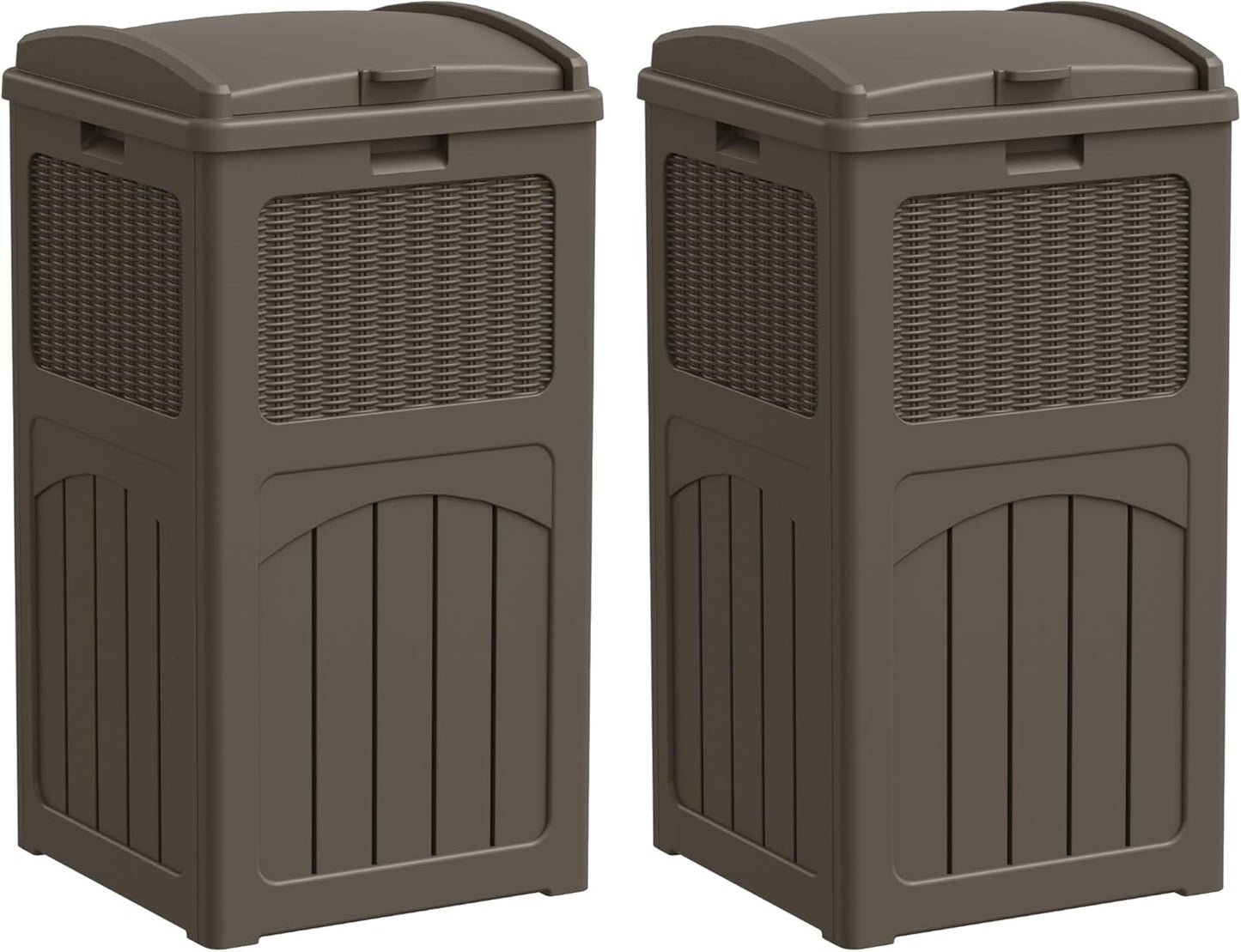 Greesum 33 Gallon Outdoor Trash Can with Lid (2-Pack), Heavy Duty Resin Garbage Bin, Waterproof & UV Resistant for Patio, Garden, Deck, Yard, Brown