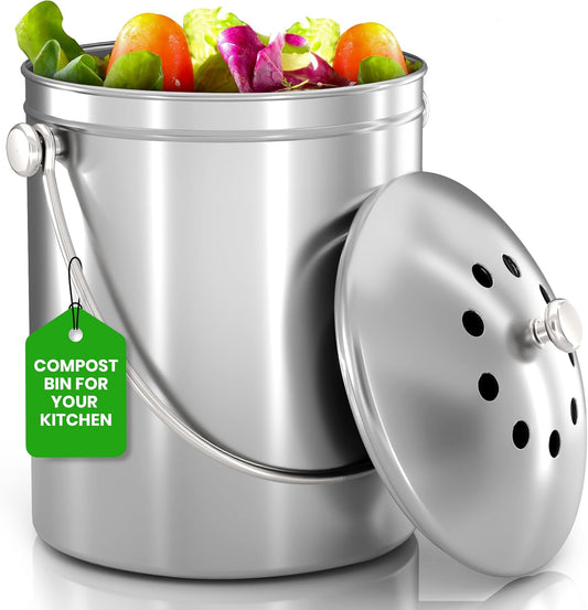 Utopia Kitchen Compost Bin for Kitchen Countertop, 1 Gallon Compost Bucket for Kitchen with Lid, Includes 1 Spare Charcoal Filter (Silver)