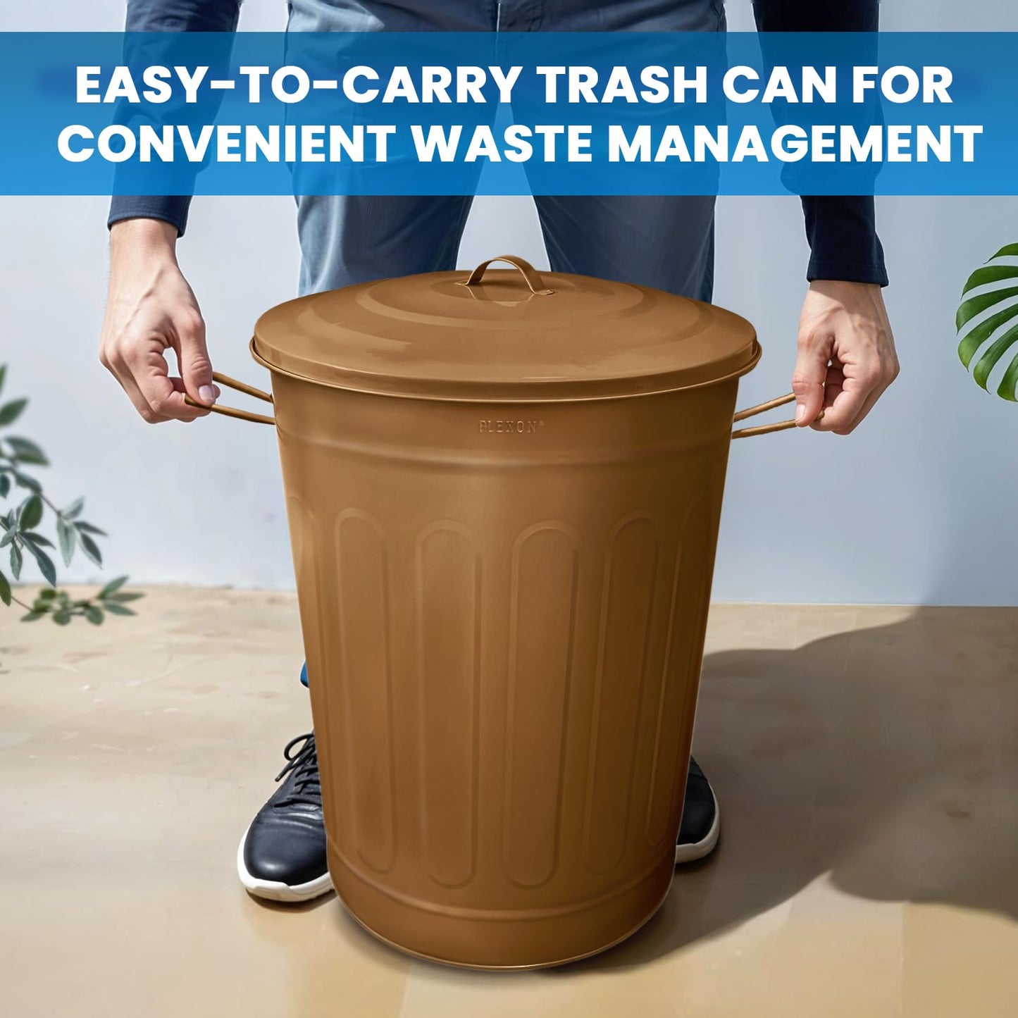 Plexon Round Trash Can 13 Gallon, Vintage Metal Outdoor Trash Can with Lid, Retro Farmhouse Garbage Container, Old School Modern Ash Bucket, Copper 6 Pack