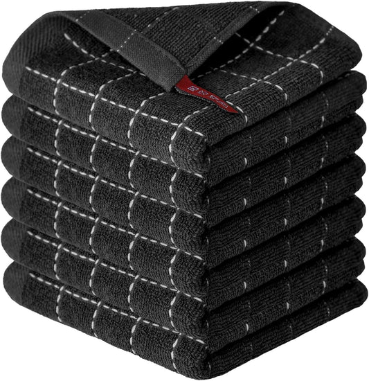 Artoid Mode Checkered Designed Cotton Black Terry Kitchen Dish Cloths, 12x12 Inch Soft Absorbent Quick Drying Cleaning Kitchen Rags Set of 6