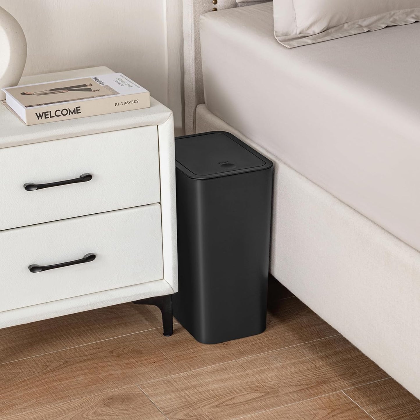 TIPGO Bathroom Trash Can with Lid, 4 Gallon / 15 Liter Small Garbage Can, Press Top Bin, Plastic Wastebasket with Pop-Up Lid for Bedroom, Living Room, Office (Black)