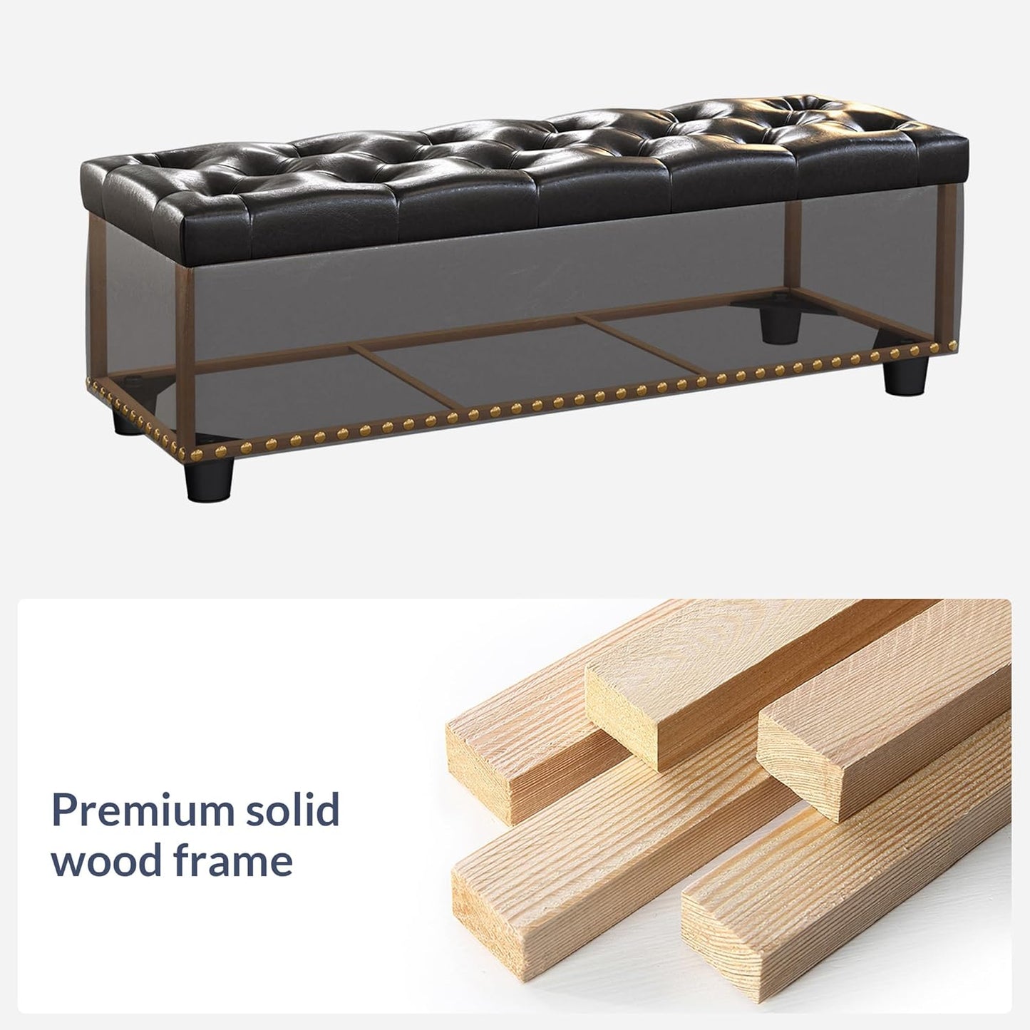 BELLEZE 47" Storage Ottoman, Storage Bench with Safety Close Hinge, Faux Leather Button-Tufted Ottoman for Living Room, Entryway, Hallway, Foot Rest, Support 300lbs - Dark Brown