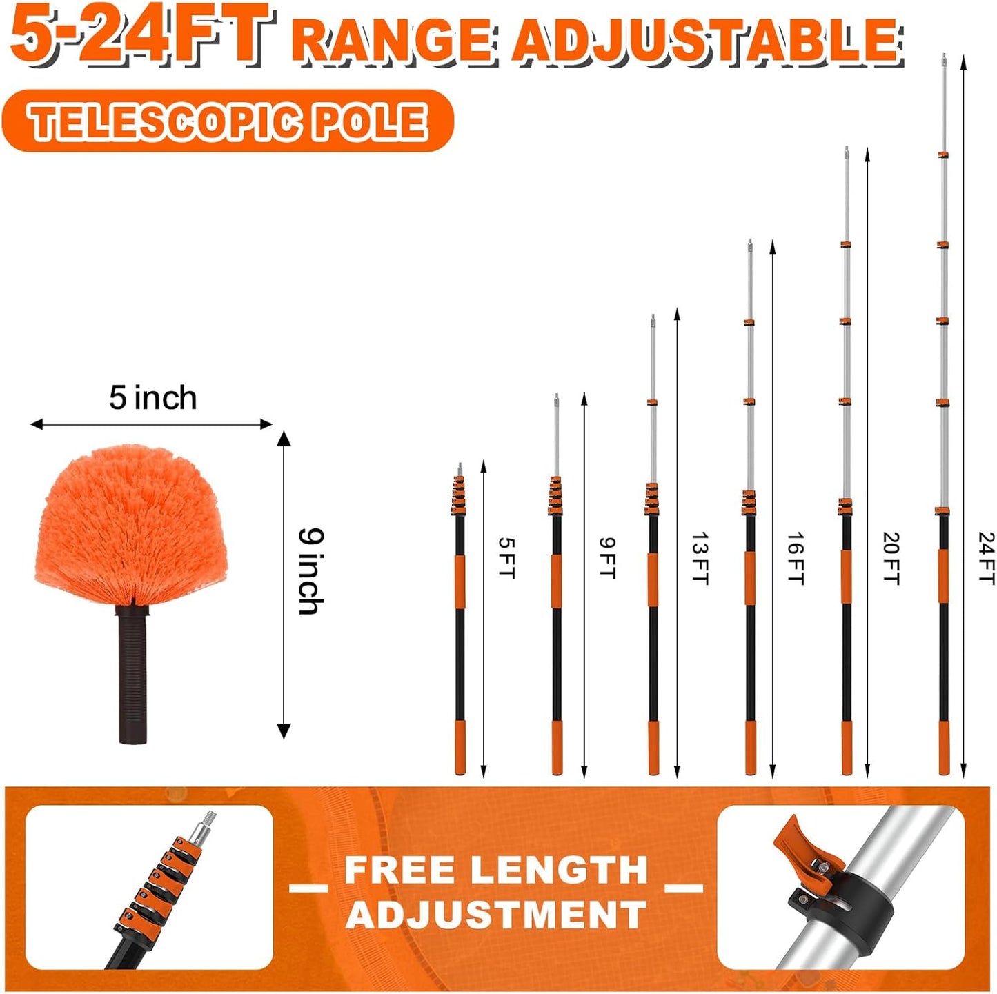 30FT Reach Cobweb Duster with Extension Pole, High Ceiling Long Duster with 5-24FT Telescoping Pole, Spider Web Brush for Indoor Outdoor Use