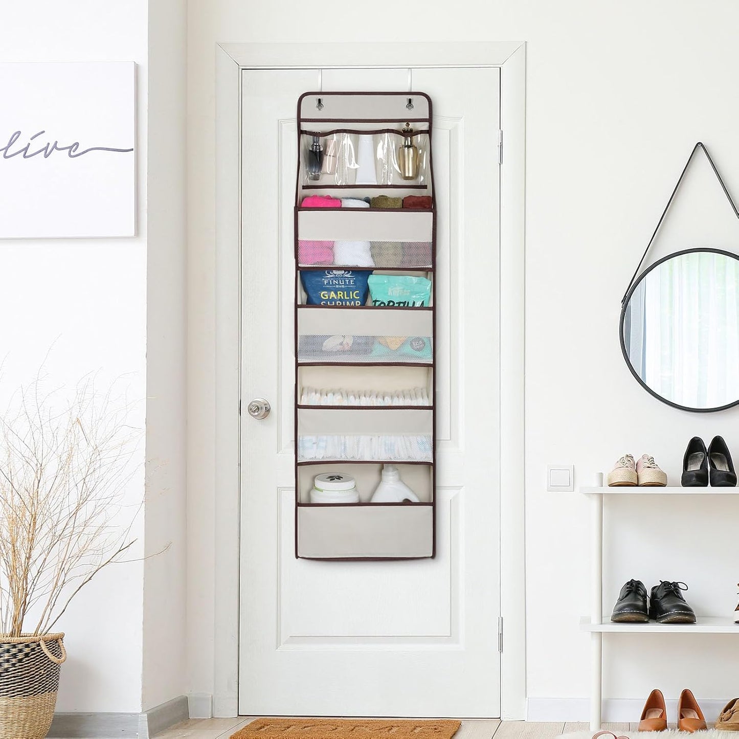 Univivi 5-Shelf Fabric Door Storage Over Door Hanging Organizer with 4 Large Pockets and 3 Small PVC Pockets Nursery Closet Cabinet Wall Mount Hanging Storage Organizers for Baby Nursery (Beige)