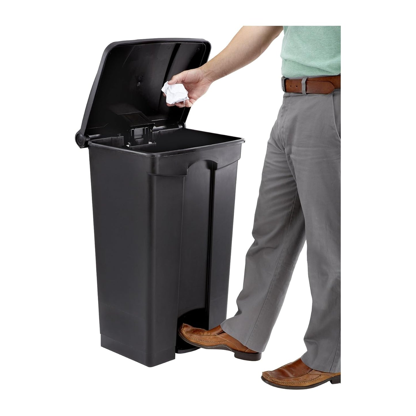 Safco Step On Plastic Trash Can with Foot Pedal, 23 Gallon Garbage Can for Kitchen, Indoor or Outdoor Use, Hands Free, Black