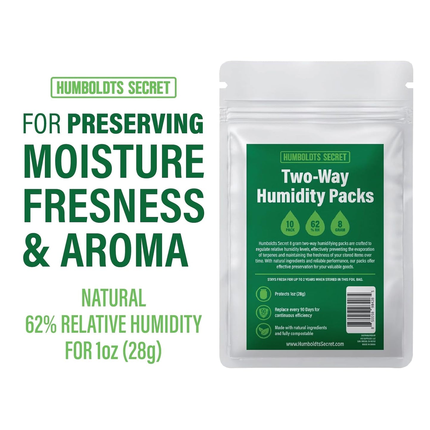 Humboldts Secret 62% Humidity Packs RH 2-Way | Moisture Absorber & Regulator for Small Containers | Relative Humidity Control Packets with Resealable Bag | 2 Way Humidity Control Packs | Pack of 10
