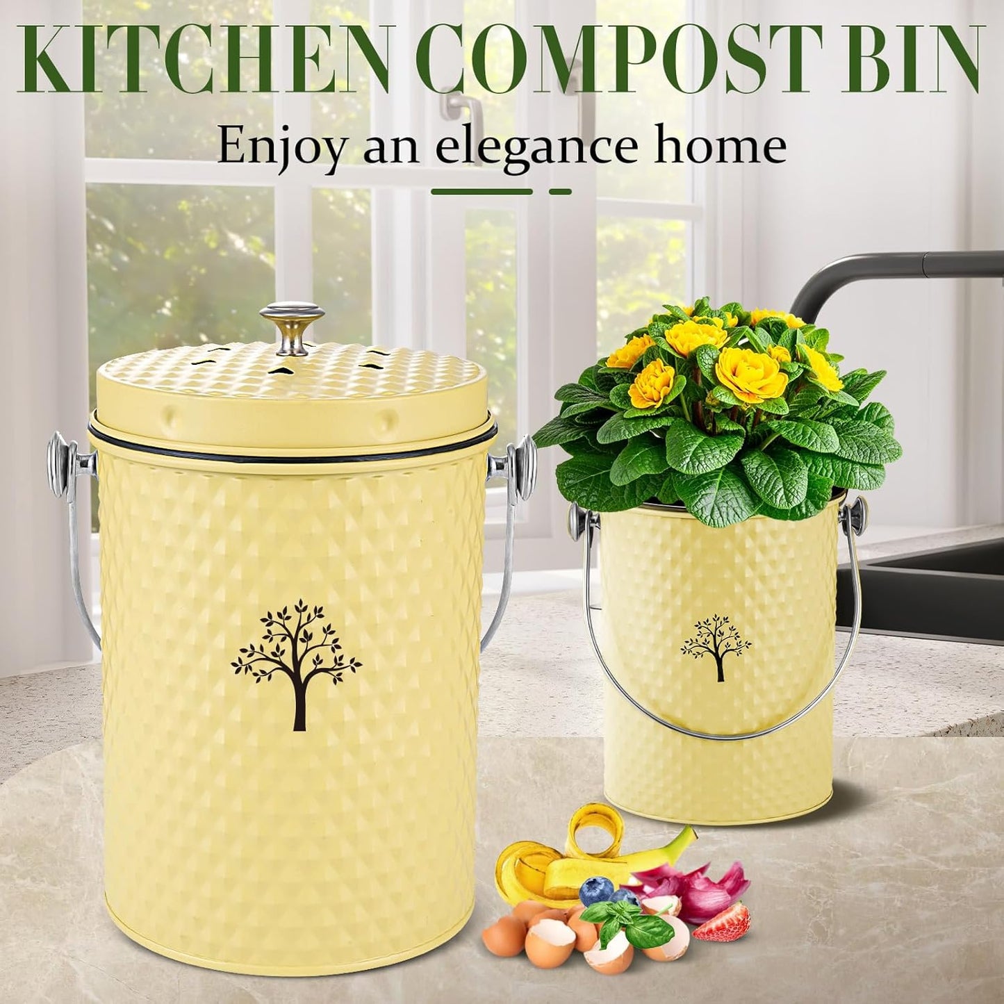 AOSION Countertop Compost Bin Kitchen,Odor Resistant Indoor Compost Bin with Lid and Compost Bags,Compost Bucket Composter Container for Food Waste,Yellow