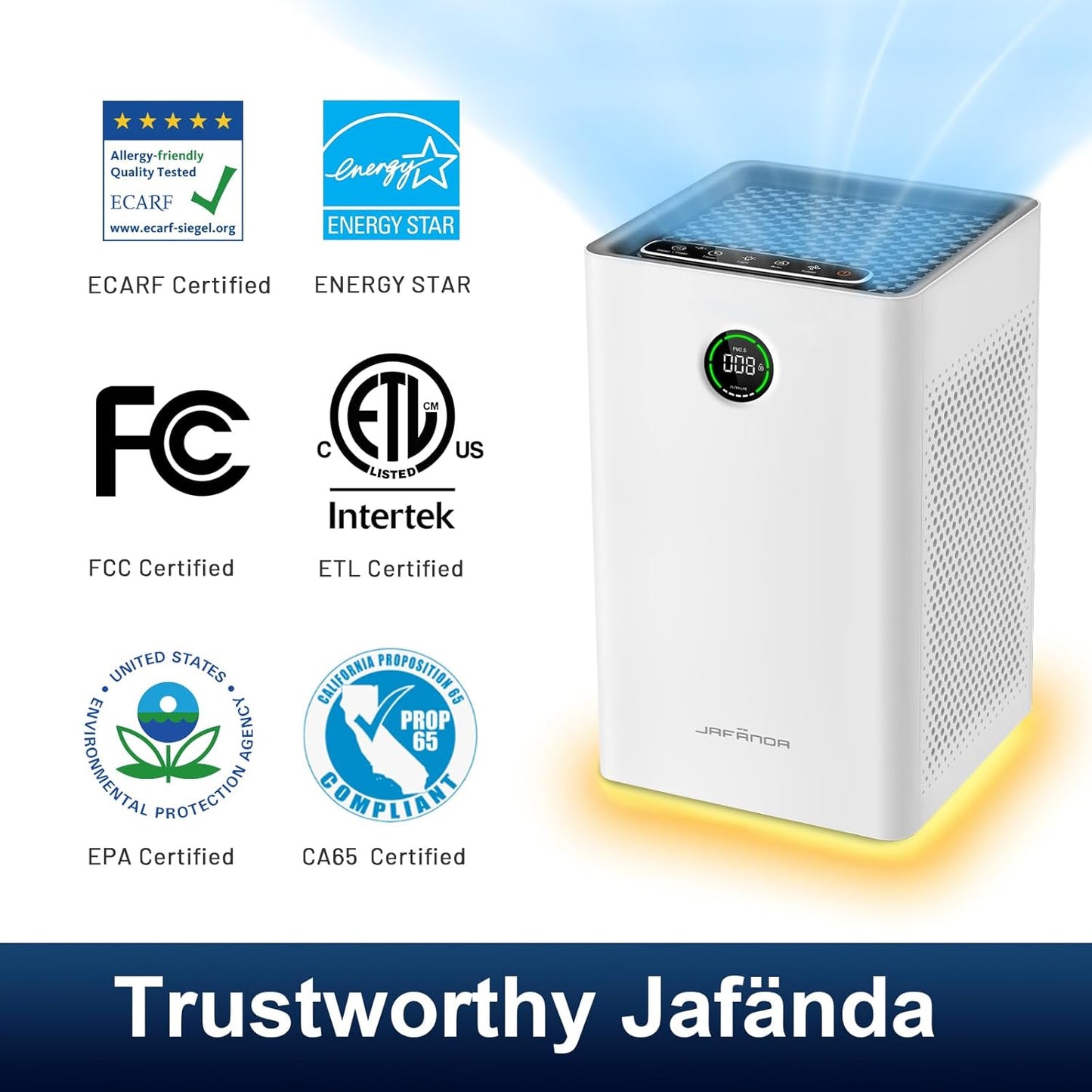 Jafända Air Purifiers for Home Large Room, Smart WiFi and Alexa Control, True HEPA 13 Filter Air Cleaner with Activated Carbon, 1190 Ft², Remove Dust Pollen Smoke Odors, Quiet Sleep Mode 23dB