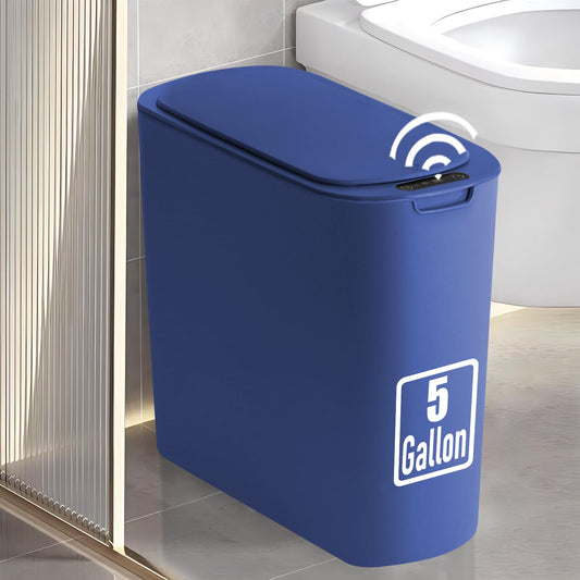 5 Gallon Motion Senor Bathroom Trash Can with Lid, Automatic Garbage Can Touchless, Smart Plastic Waste Basket for Narrow Spaces, Bathroom, Office, Bedroom, Living Room (Blue)