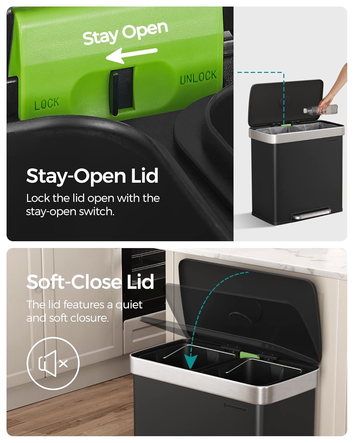 SONGMICS Kitchen Trash Can, 16 Gallon (2 x 8 Gallon) Dual Compartment Garbage Can, 60L Pedal Recycling Bin, Stays Open and Soft Close, Stainless Steel, 15 Bags Included, Ink Black ULTB202B01