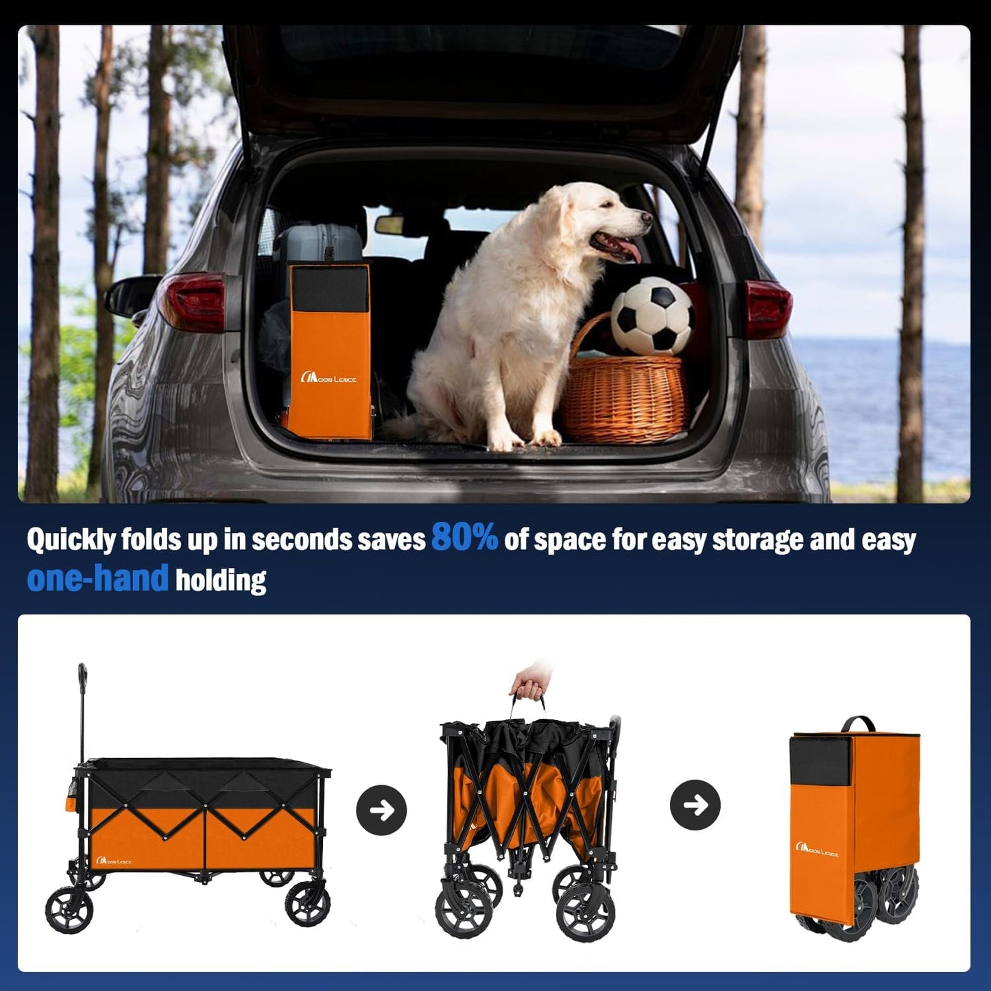 Moon Lence Collapsible Folding Wagon Cart Heavy Duty Folding Garden Portable Hand Cart with All-Terrain Beach Wheels, Adjustable Handle & Drink Holders (Orange & Ivory)